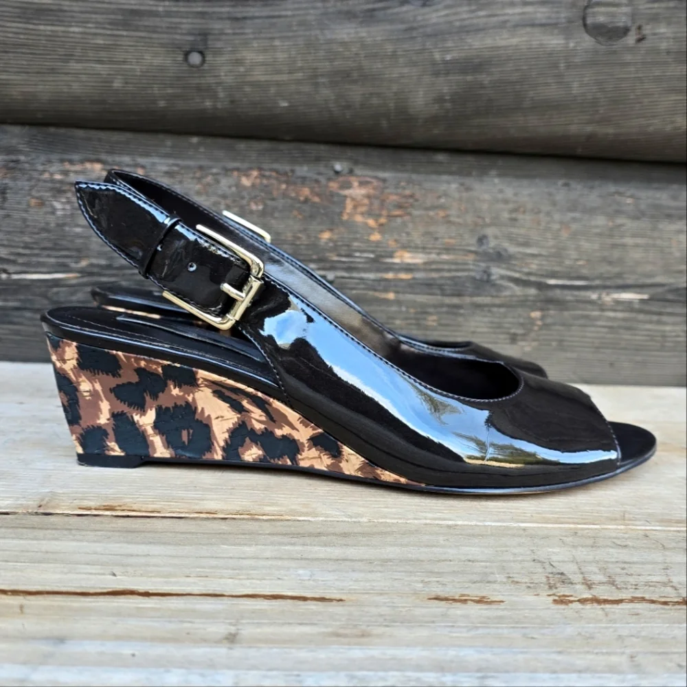 Bandolino Rollup Y2K Pop Glam Leopard Peep Toe Wedge Heels 8M
